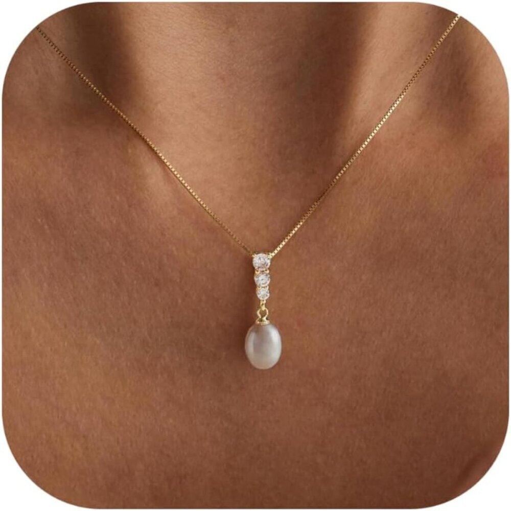 Pearl Necklace Dainty Gold Plated CZ Single Pearl Pendant for Women
